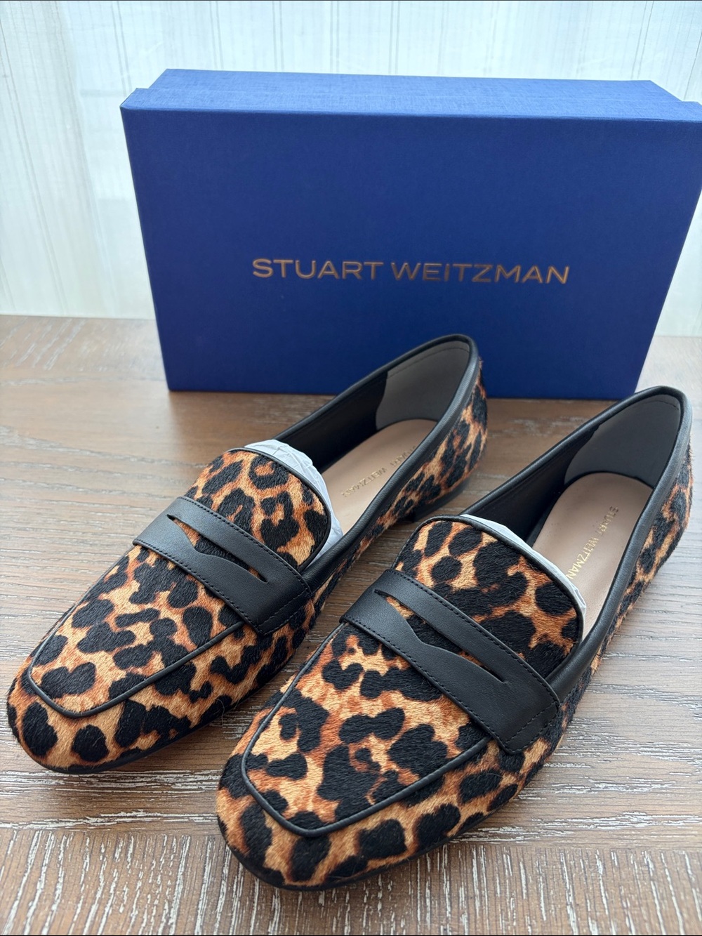 Stuart Weitzman Leopard Print Penny Loafers in Brown and Black